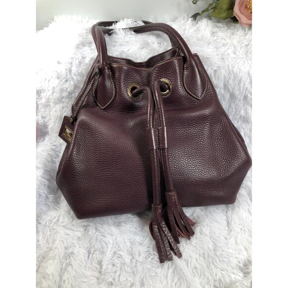 Dooney & Bourke Pebble Grain Tassel Leather Drawstring Bucket Tote Bag Purple - Picture 1 of 9